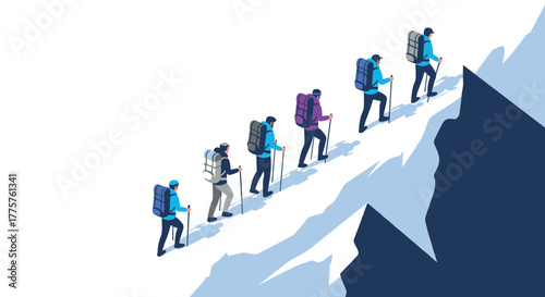 Climbers ascend snowy mountain in isometric style