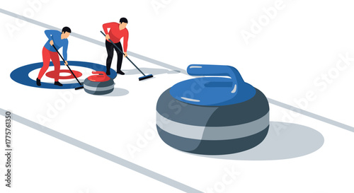 Curling game action with players and stone on ice rink in isometric style