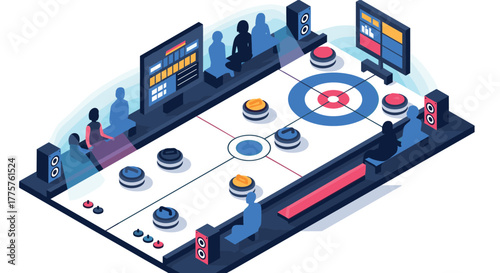 Isometric air hockey esports arena with players and digital displays