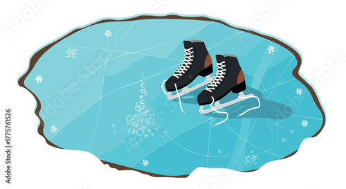 Ice skates on frozen pond with snowflakes and scratches in winter