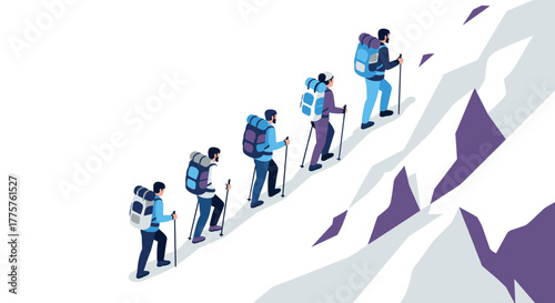 Group of hikers climbing mountain in isometric style with backpacks and hiking poles