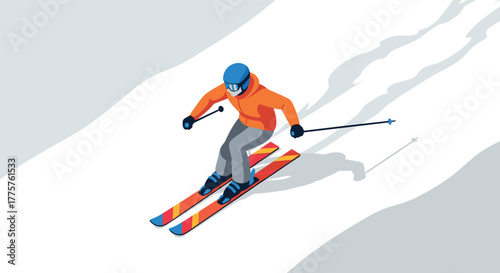 Isometric skier in motion winter sports adventure on snowy slope