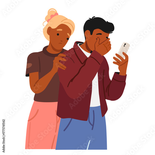 Woman offering heartfelt compassion and support to man who looking at mobile phone screen and crying