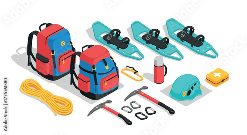 Isometric winter adventure gear backpacks, snowshoes, climbing tools, and safety equipment