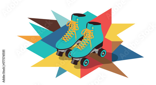 Retro roller skates with colorful geometric background for vintage pop art design