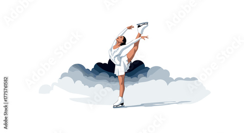 Graceful figure skater performing on ice with elegant pose and atmospheric background