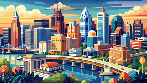 Very beautiful aerial view of downtown Louisville, Kentucky, USA, featuring towering skyscrapers, urban streets, and the bustling city heart with bridges and the Ohio River in view.