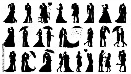Romantic couple relationship journey silhouettes, walking, talking, sitting under tree, and outdoor love scenes, black vector style on white background