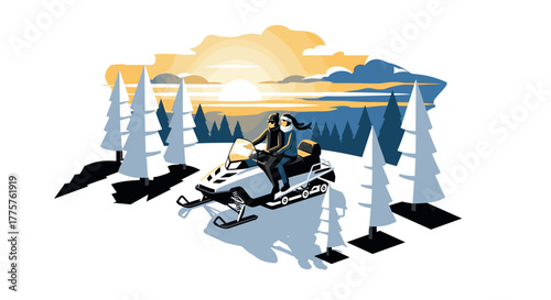 Scenic winter sunset adventure with couple riding snowmobile in pine forest