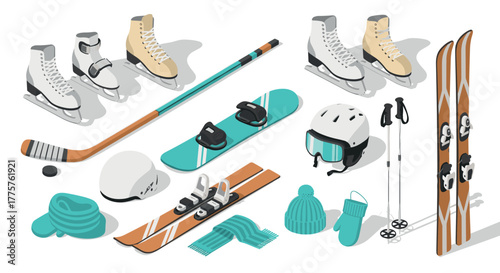 Winter sports gear collection with isometric ice skates, skis, and snowboard