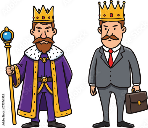 King and businessman wearing crowns standing side by side in royal and formal attire vector illustration 