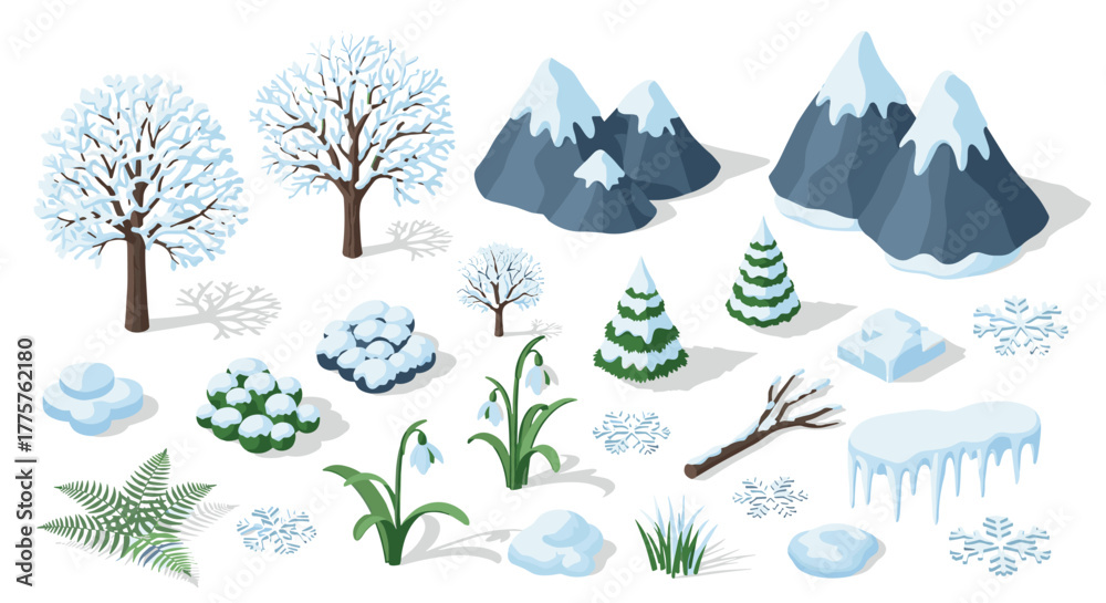 Fototapeta premium Winter landscape elements with snowy trees, mountains, and snowflakes in isometric style
