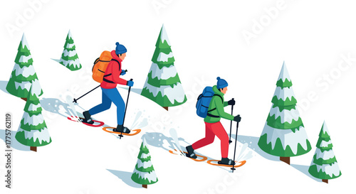 Winter adventure isometric snowshoeing in alpine forest with snowcovered trees