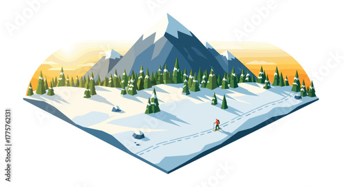 Mountain adventure in winter wonderland with bright sunrise and snowy landscape