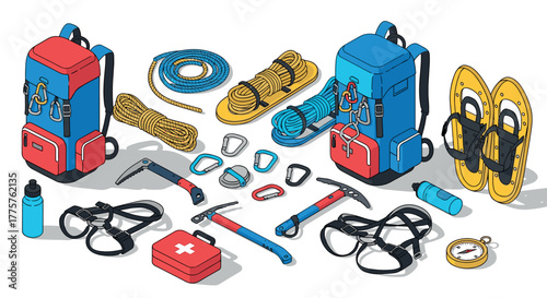 Essential mountaineering gear in isometric style for outdoor adventures
