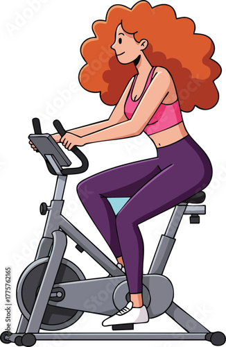 Woman with red curly hair exercising on stationary bike in fitness workout session vector illustration 
