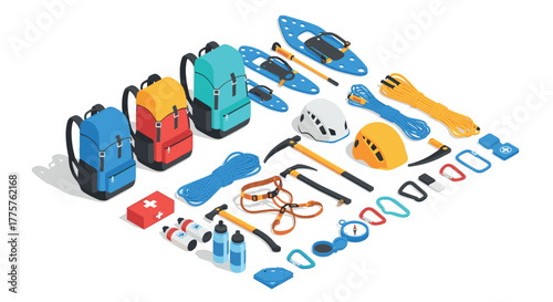Isometric outdoor adventure gear collection for hiking and climbing