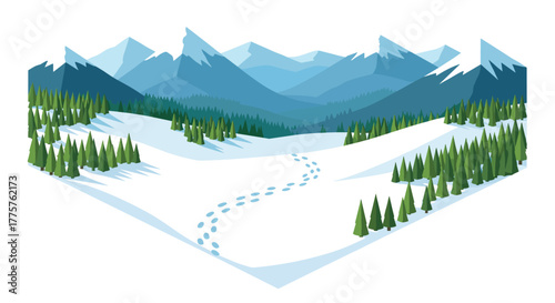 Snowy mountain landscape with pine trees and footprints in geometric style