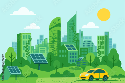 Infographics. Electric cars, solar panels. Ecology. Modern eco-friendly city. Clean, green energy. City with an eco-system. Green vertical gardens, parks. Electric cars. Solar panels. Eco-projects.eps