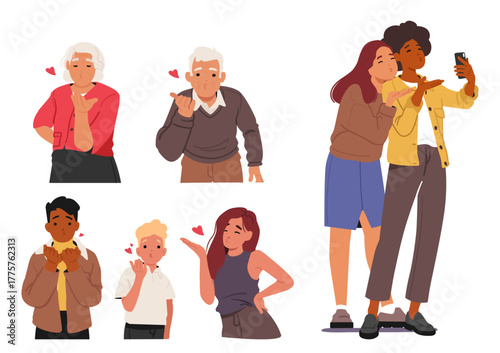Seniors, young people, teenagers, children sending air kisses sharing romantic gesture isolated set