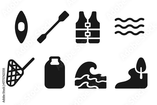 River Journey Icons. Solid style icons of river journey: canoe, paddle, life jacket, flowing water, fishing net, waterproof bag,