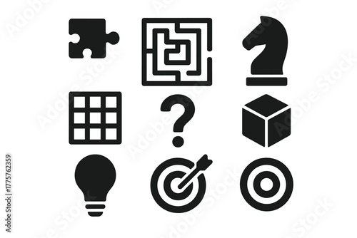 Brain Game Icons. Solid style icons of Brain Games: Puzzle Piece, Maze, Chess Knight, Sudoku Grid, Question Mark, Cube, Light Bulb