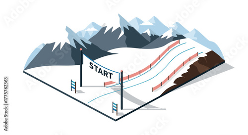 Isometric winter ski slope with snowy mountains and race gate