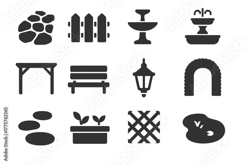Solid Landscaping Icons. Solid style icons of landscaping elements: stone path, wooden fence, birdbath, fountain, pergola, bench,