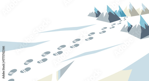 Footprints in snowy mountain trail with minimalistic peaks