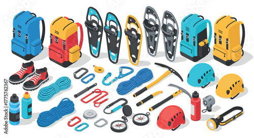 Isometric winter hiking gear backpacks, snowshoes, climbing tools, safety helmets, and more