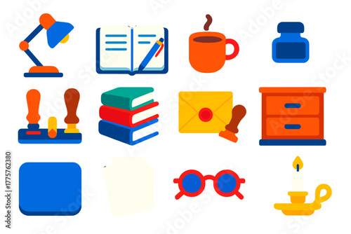 Journaling Desk Icons. Flat vector icons of journaling desk setup: desk lamp, open notebook with pen, cup of coffee, ink bottle on