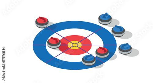 Curling stones on ice target in isometric style