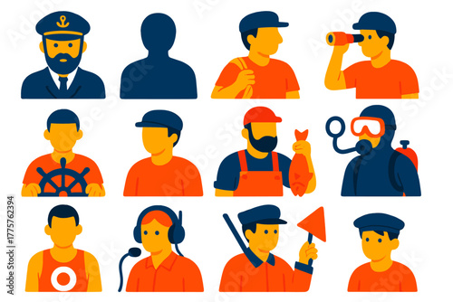 Vibrant Sailor Icons. Flat vector icons of sailors and crew: captain with hat, sailor silhouette, crew member with rope, lookout