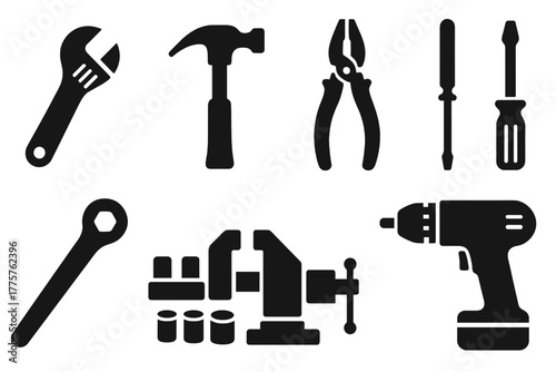 Tool Icons Collection. Solid style icons of Workshop Tools: adjustable wrench, hammer, pliers, screwdriver, ratchet, socket set,
