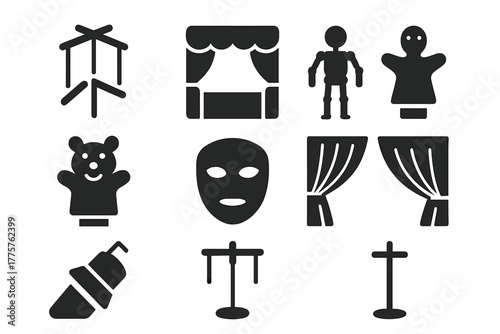 Puppetry Icons Collection. Solid style icons of Puppetry: Puppet Strings, Stage, Wooden Marionette, Hand Puppet, Mask, Curtain,