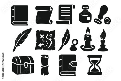 Antique Book Icons. Solid style icons of antique books: leather-bound book, scroll, manuscript, ink bottle, wax seal, quill,