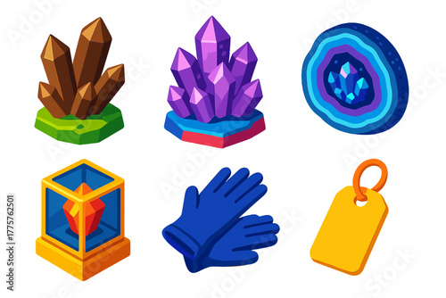 Rare Crystal Icons. Isometric vector illustration set Rare Crystal Collection: smoky quartz, giant amethyst cluster, sliced geode