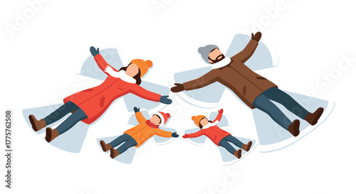 Family making snow angels in winter clothing, joyful outdoor fun