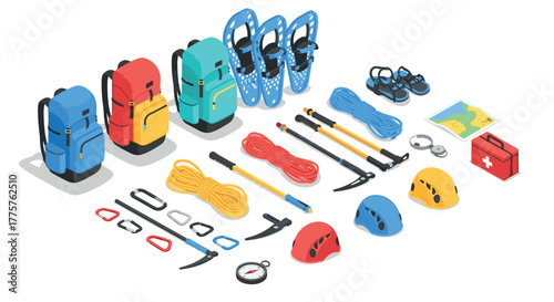 Outdoor adventure gear collection for hiking and climbing in isometric style