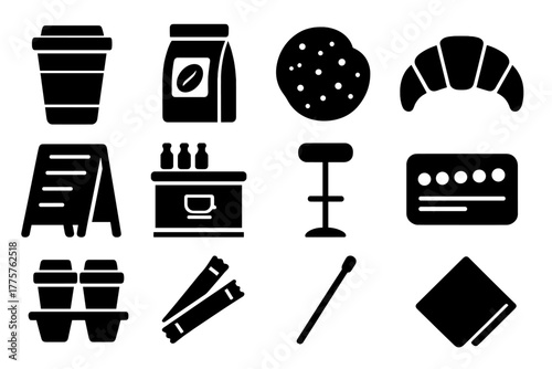 Coffee Shop Icons. Solid style icons of coffee shop items: takeaway cup, coffee bag, cookie, croissant, menu board, counter, bar