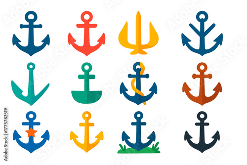 Vibrant Anchor Icons. Flat vector icons of anchors: classic admiralty anchor, modern stockless anchor, fluke anchor, grapnel