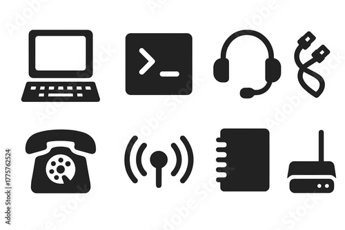Early Hacker Icons. Solid style icons of Early Hacker Culture: Computer, Terminal, Headset, Wires, Telephone, Signal, Notebook,