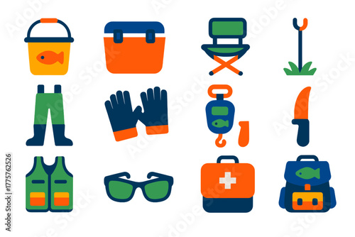 Fishing Gear Icons. Flat vector icons of fishing accessories: bait bucket, cooler box, fishing chair, rod holder, waders, gloves,