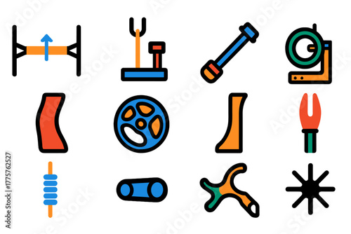 Archery Equipment Icons. Flat vector icons of bow details: bowstring close-up, arrow rest, stabilizer rod, bow sight, grip handle,