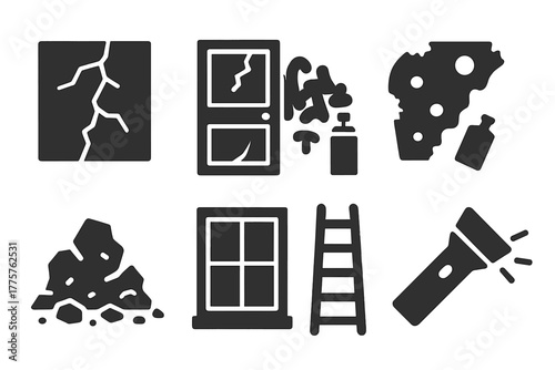 Forgotten Building Icons. Solid style icons of Forgotten Buildings: Cracked Wall, Broken Door, Graffiti, Rust, Debris, Window,