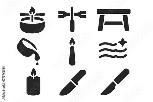Artisan Candle Icons. Solid style icons of Artisan Candle Craft: Clay Pot, Wick Holder, Wooden Bench, Wax Drip, Dipped Taper,