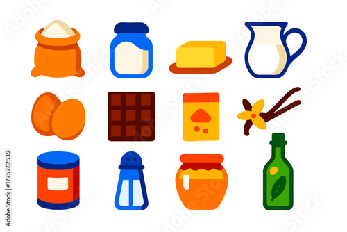 Baking Ingredients Icons. Flat vector icons of baking ingredients: flour sack, sugar jar, butter stick, milk jug, eggs, chocolate