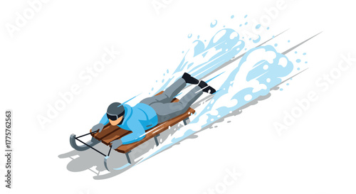 Isometric winter sledding adventure dynamic snow sports scene with blue accents
