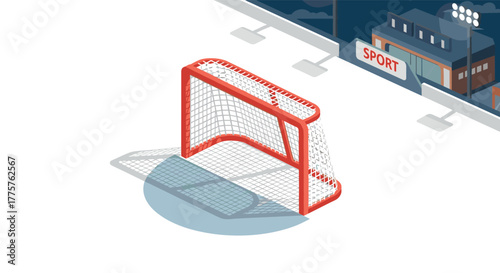 Red ice hockey goal on outdoor rink in winter night isometric design