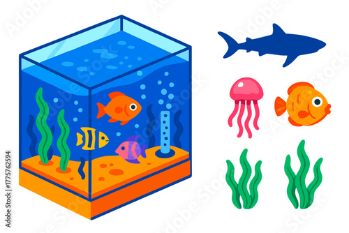 Public Aquarium Icons. Isometric vector illustration set Public Aquarium: giant tank, rare fish, swaying seaweed, strong bubbler,